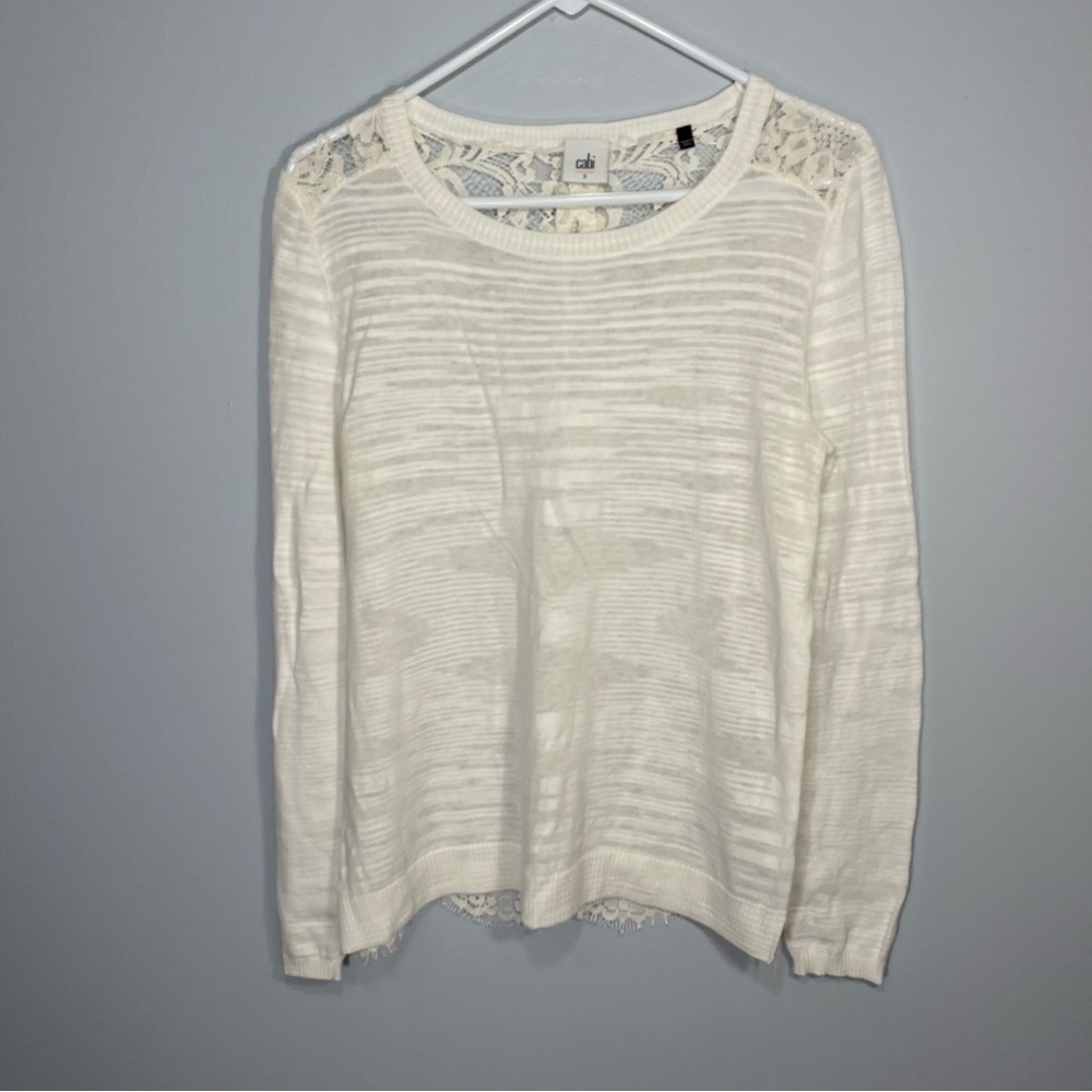 Cabi Sweater Womens Small Ivory Cream Sophia Lace Back Semi Sheer Crew Neck